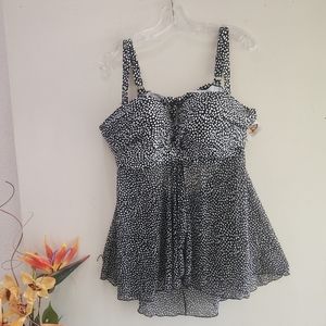 🆕️ Smart & Sexy Tankini Top Sz 42DD Black and White Poka Dot NWT